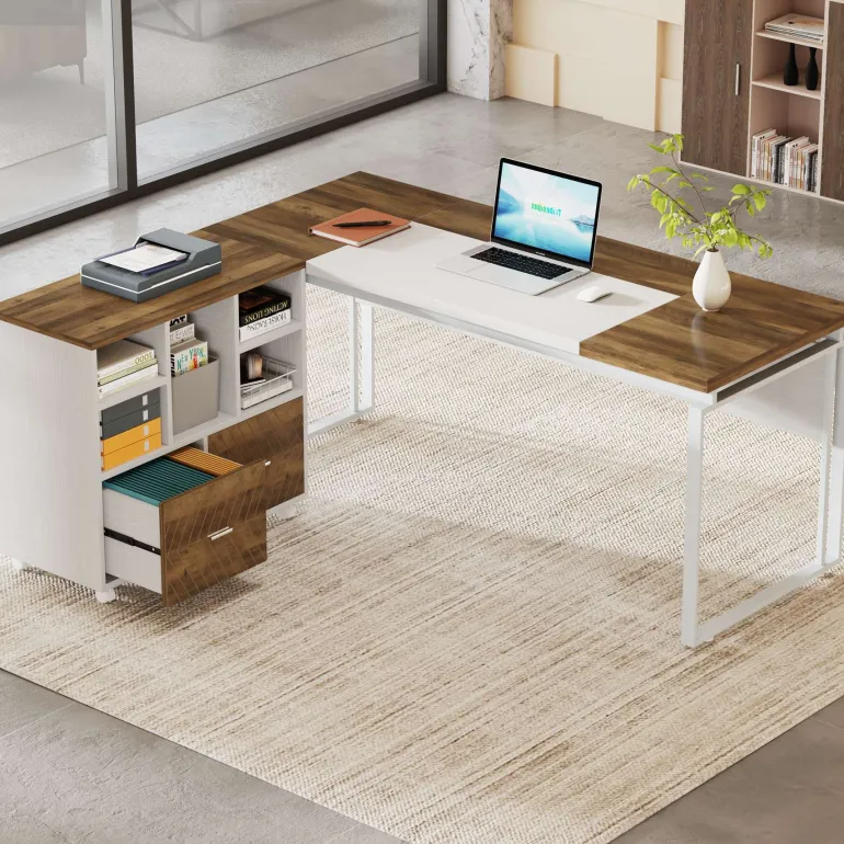 Discount Tribesigns L-Shaped Executive Desk, 63" Computer Desk with Mobile File Cabinet