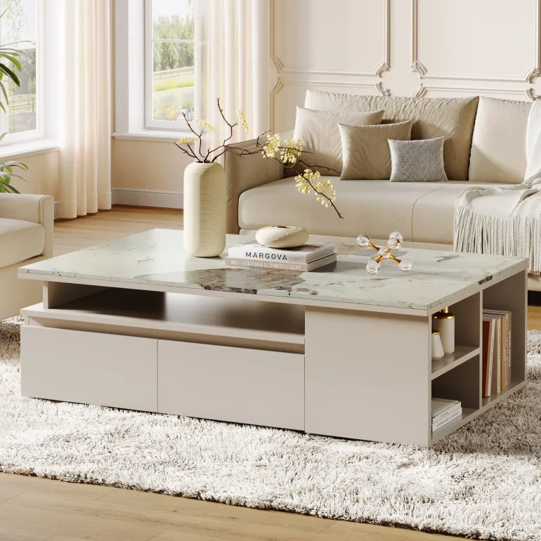 Shop Tribesigns Modern Coffee Table, Extendable Tabletop Center Table with 4 Drawers & Storage Shelf
