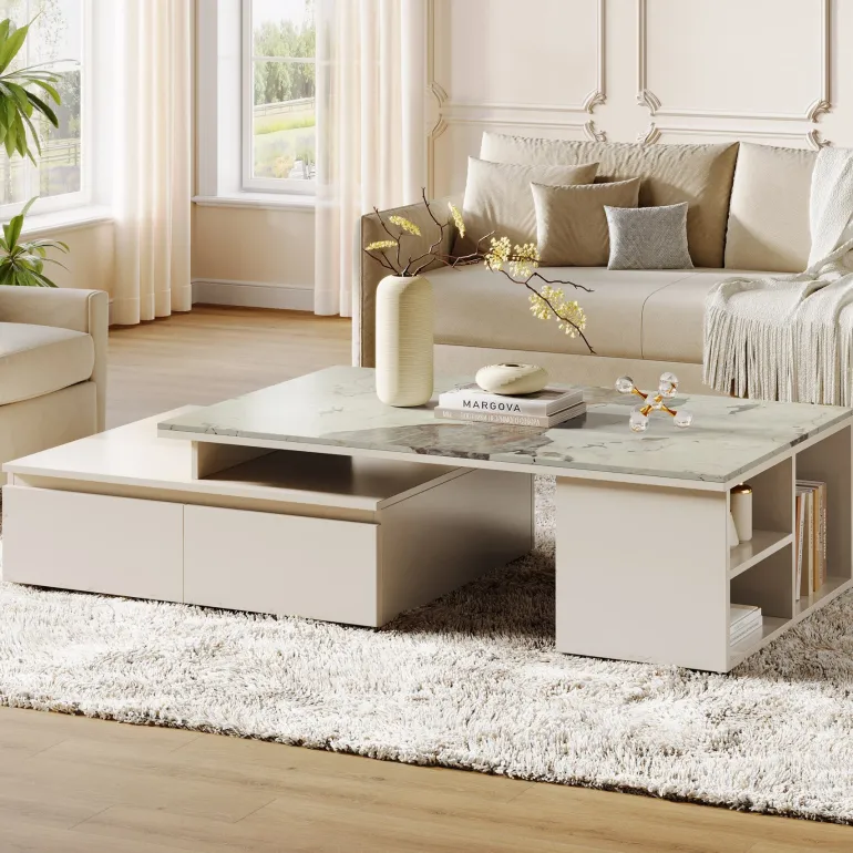 Shop Tribesigns Modern Coffee Table, Extendable Tabletop Center Table with 4 Drawers & Storage Shelf