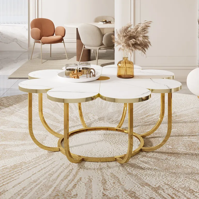 Outlet Tribesigns Modern Coffee Table, Flower - Shaped Center Table with Faux Marble Tabletop
