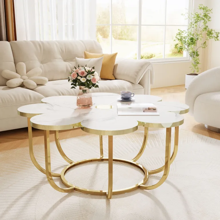 Outlet Tribesigns Modern Coffee Table, Flower - Shaped Center Table with Faux Marble Tabletop