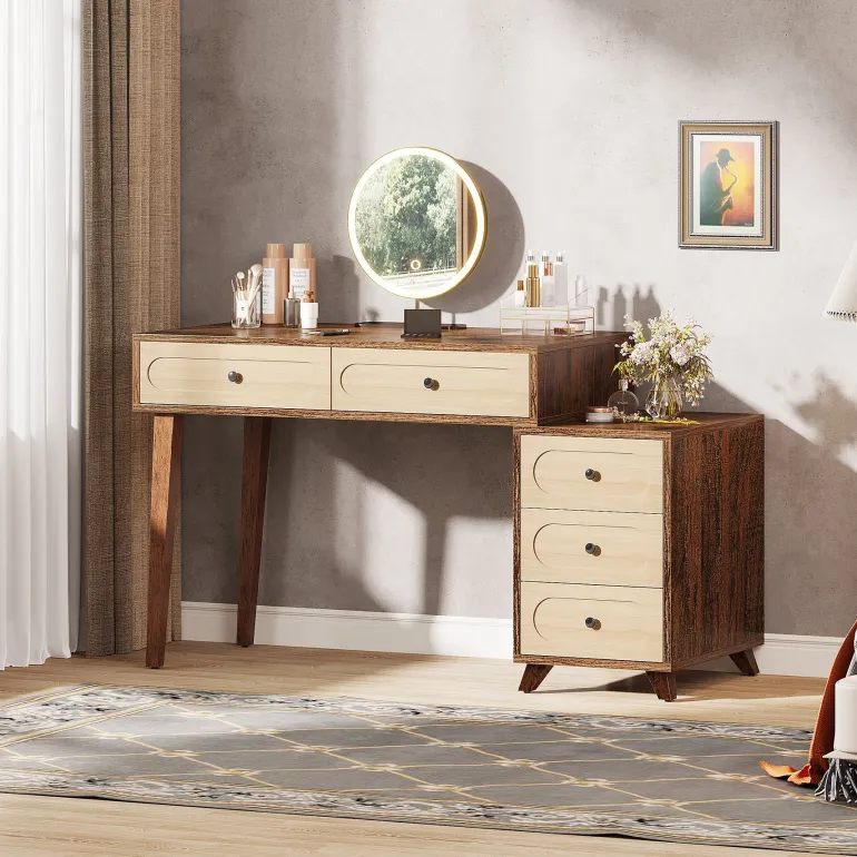 Shop Tribesigns Modern Makeup Vanity Table, Dressing Table Set with 5 Drawers (Without Mirror & Stool)