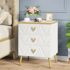 Discount Tribesigns Modern Nightstand, Wooden Bedside Table with 3 Drawers(2PCS)
