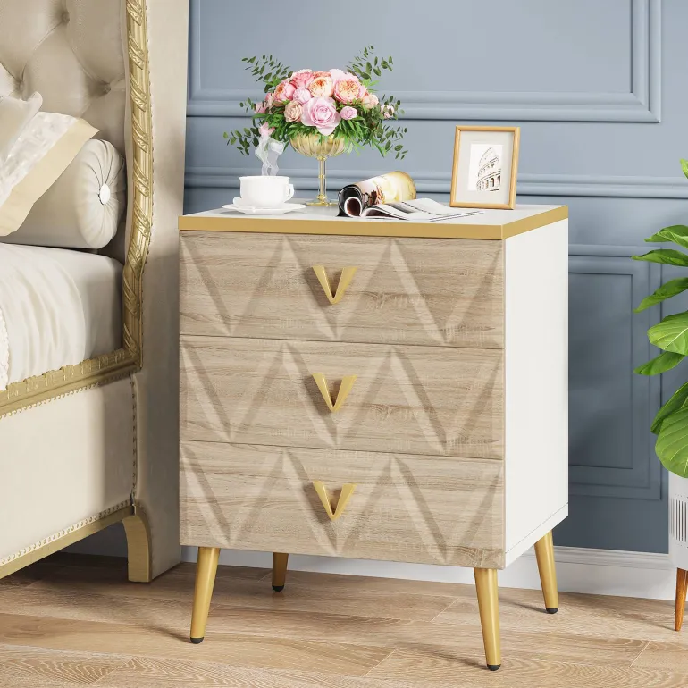 Discount Tribesigns Modern Nightstand, Wooden Bedside Table with 3 Drawers(2PCS)