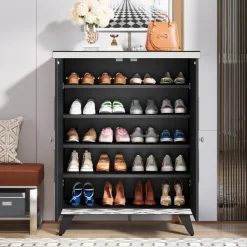 New Tribesigns Modern Shoe Cabinet Entryway Shoe Organizer with Mirrored Doors