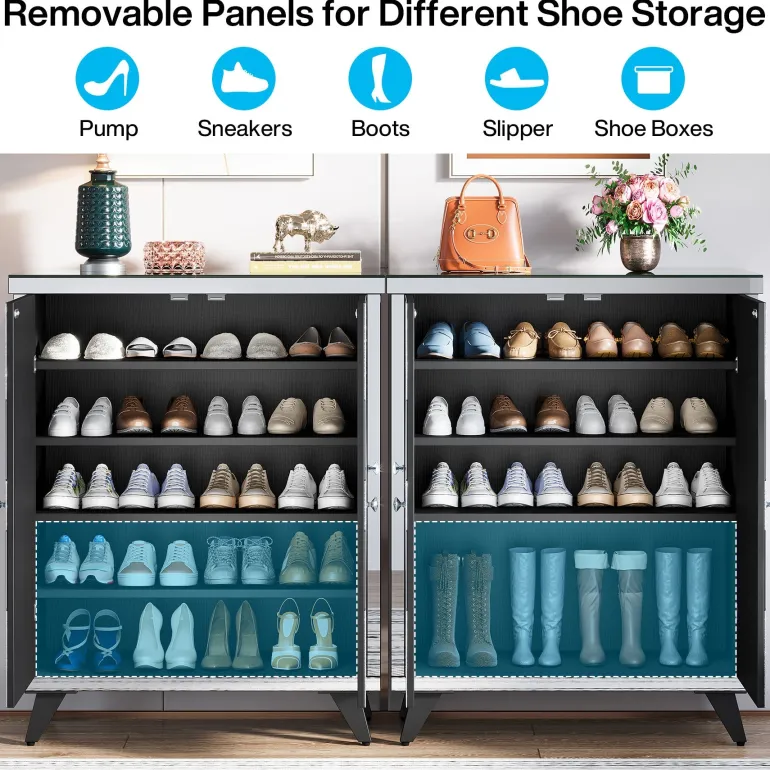 New Tribesigns Modern Shoe Cabinet Entryway Shoe Organizer with Mirrored Doors