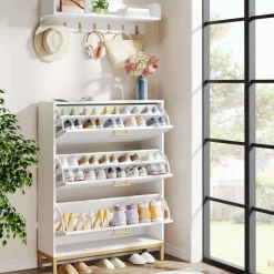 Cheap Tribesigns Modern Shoe Cabinet with Wall Mounted Coat Rack & Flip Drawer