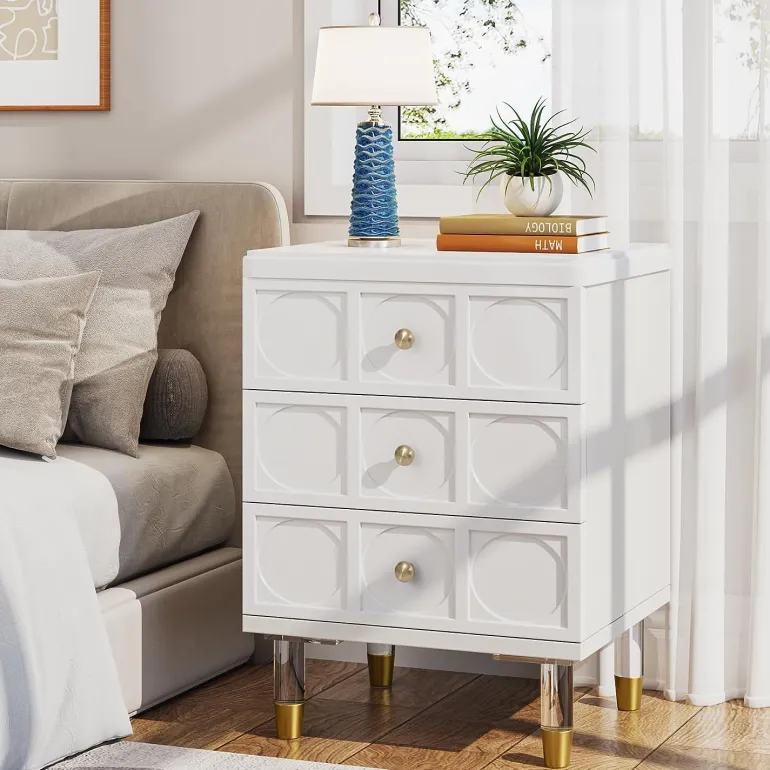 Cheap Tribesigns Nightstand, 3-Drawer Bedside Table with Acrylic Metal Legs