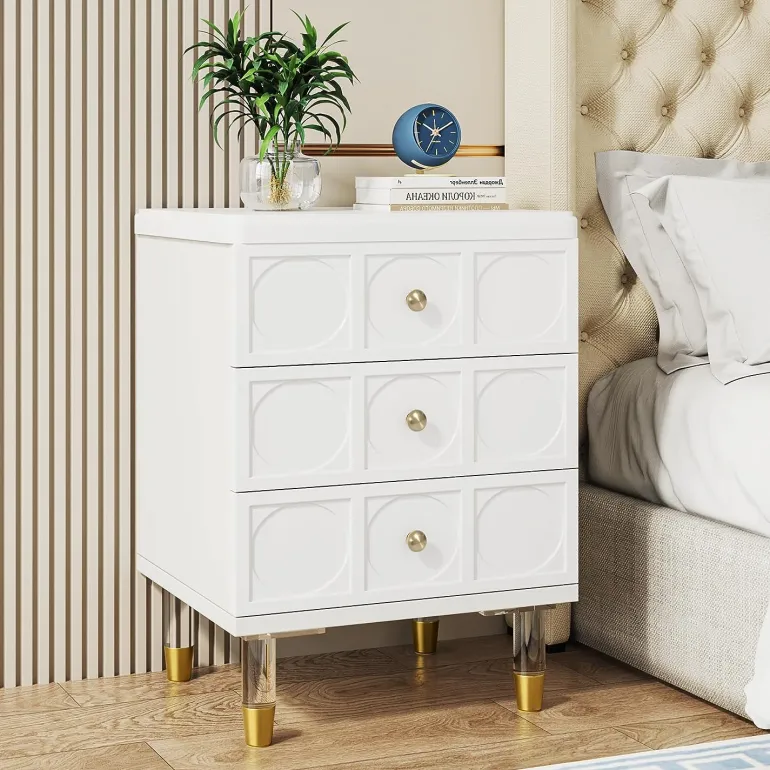 Cheap Tribesigns Nightstand, 3-Drawer Bedside Table with Acrylic Metal Legs