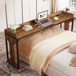 Store Tribesigns Overbed Table with Wheels, 71" Laptop Cart with Outlets & USB Ports