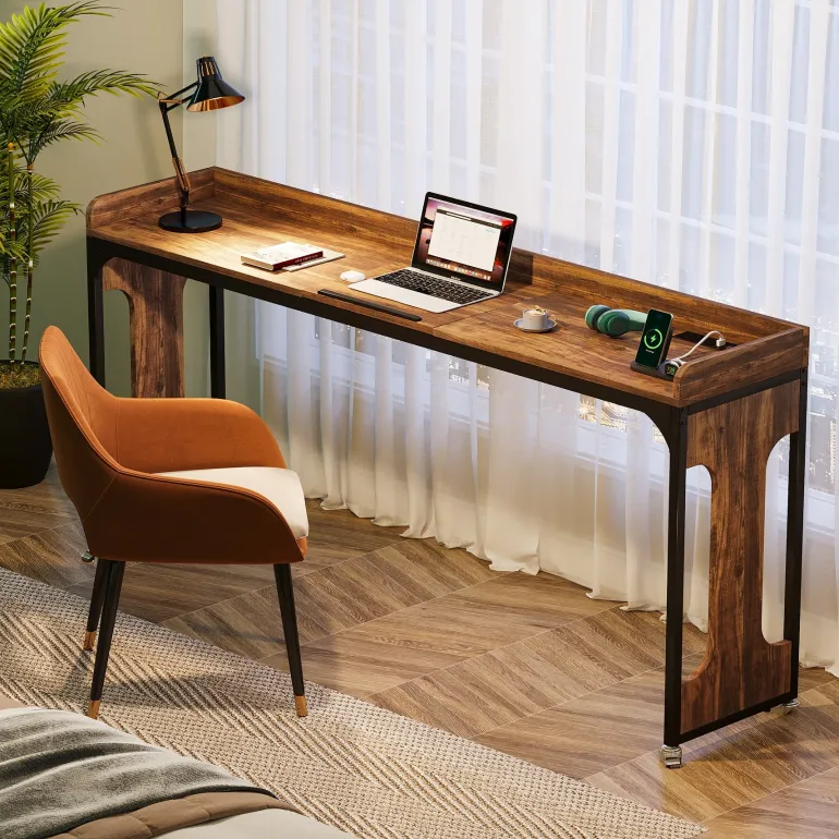 Store Tribesigns Overbed Table with Wheels, 71" Laptop Cart with Outlets & USB Ports