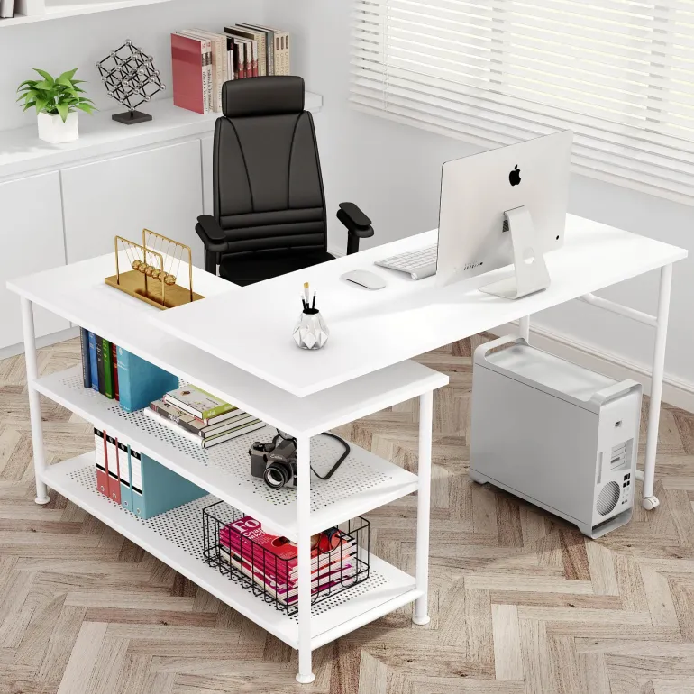 Fashion Tribesigns Rotating Desk, Modern L-Shaped Desk with Storage Shelves