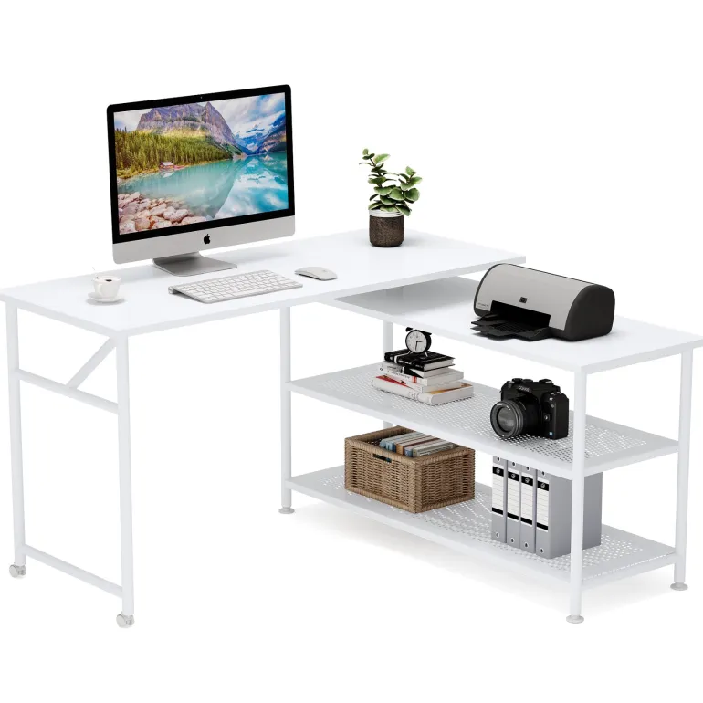 Fashion Tribesigns Rotating Desk, Modern L-Shaped Desk with Storage Shelves