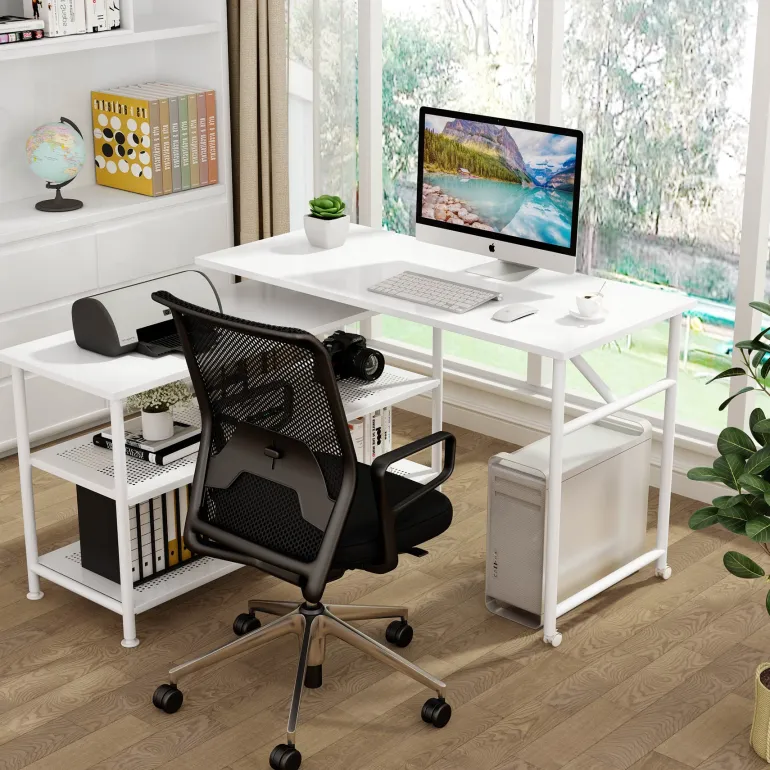 Fashion Tribesigns Rotating Desk, Modern L-Shaped Desk with Storage Shelves