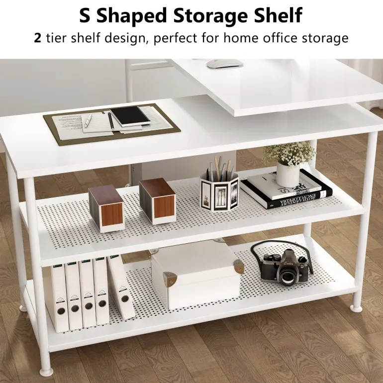 Fashion Tribesigns Rotating Desk, Modern L-Shaped Desk with Storage Shelves