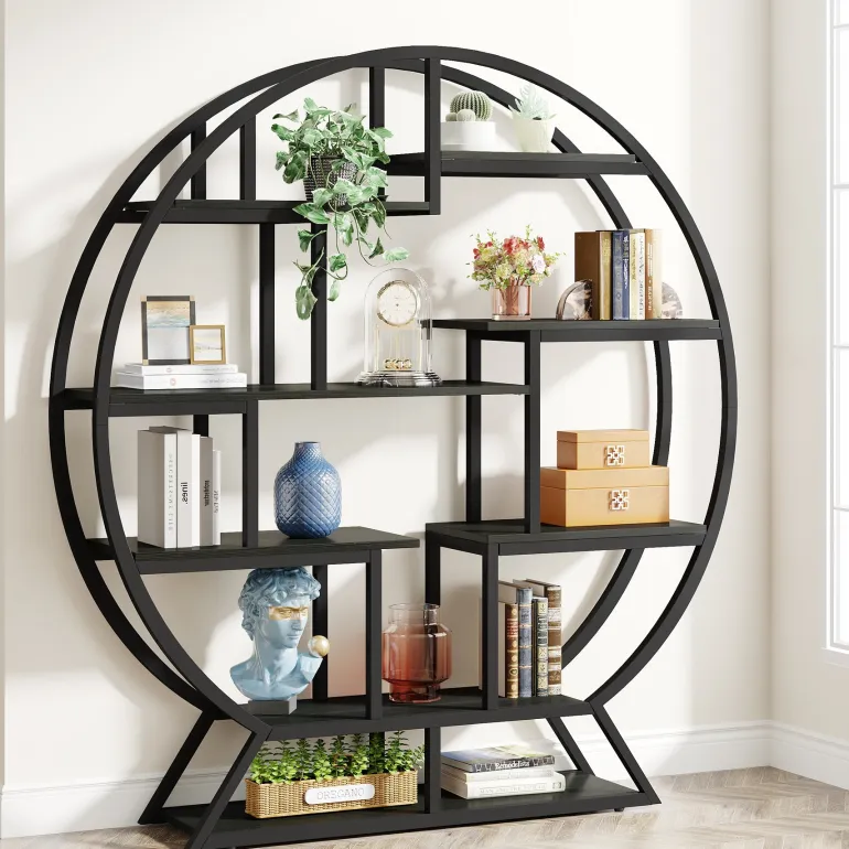 Cheap Tribesigns Round Bookshelf, 63 Inch Etagere Bookcase with Staggered Shelves