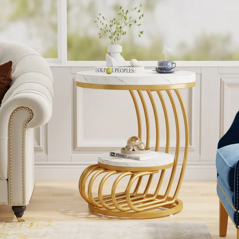 Fashion Tribesigns Round End Table, 2 Tiers Faux Marble Side Table with Storage Shelf