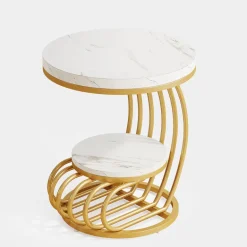 Fashion Tribesigns Round End Table, 2 Tiers Faux Marble Side Table with Storage Shelf
