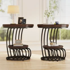 Fashion Tribesigns Round End Table, 2 Tiers Faux Marble Side Table with Storage Shelf