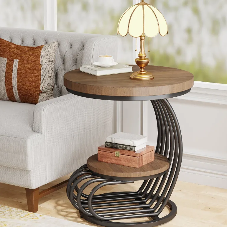 Fashion Tribesigns Round End Table, 2 Tiers Faux Marble Side Table with Storage Shelf