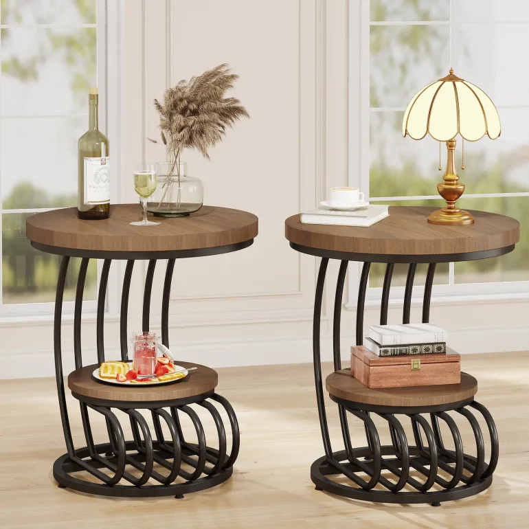 Fashion Tribesigns Round End Table, 2 Tiers Faux Marble Side Table with Storage Shelf
