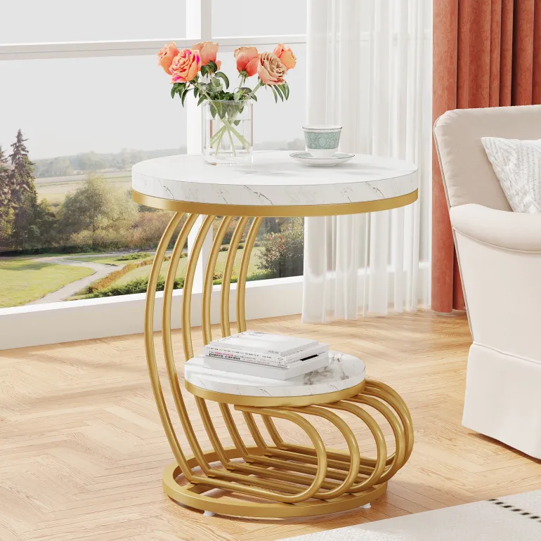 Fashion Tribesigns Round End Table, 2 Tiers Faux Marble Side Table with Storage Shelf