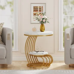 Fashion Tribesigns Round End Table, 2 Tiers Faux Marble Side Table with Storage Shelf
