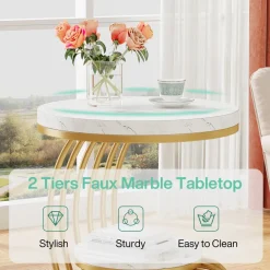 Fashion Tribesigns Round End Table, 2 Tiers Faux Marble Side Table with Storage Shelf