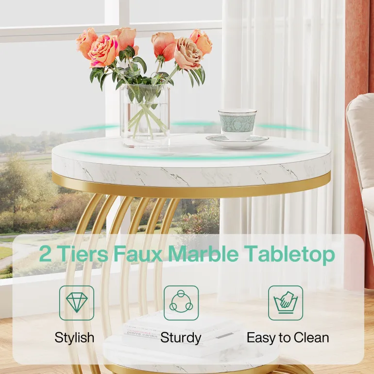 Fashion Tribesigns Round End Table, 2 Tiers Faux Marble Side Table with Storage Shelf