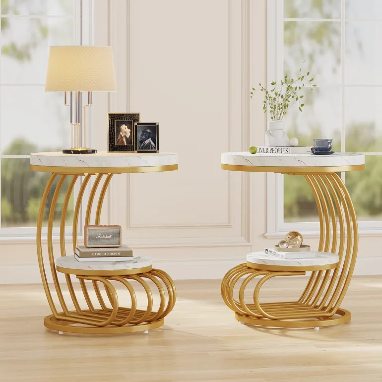 Fashion Tribesigns Round End Table, 2 Tiers Faux Marble Side Table with Storage Shelf