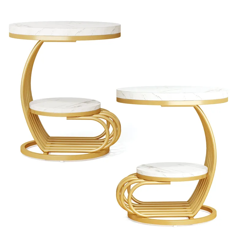 Fashion Tribesigns Round End Table, 2 Tiers Faux Marble Side Table with Storage Shelf
