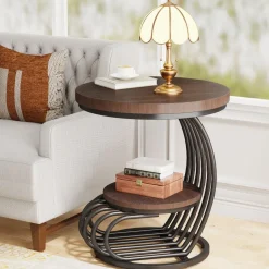 Fashion Tribesigns Round End Table, 2 Tiers Faux Marble Side Table with Storage Shelf