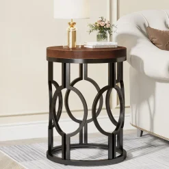 Outlet Tribesigns Round End Table, Industrial Side Table with Metal Hollow Frame