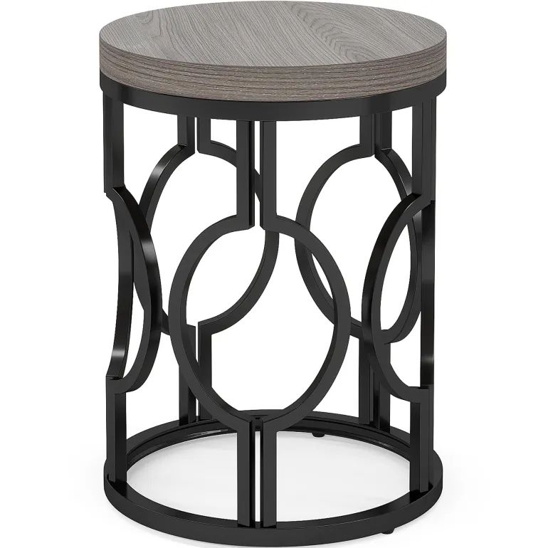 Outlet Tribesigns Round End Table, Industrial Side Table with Metal Hollow Frame