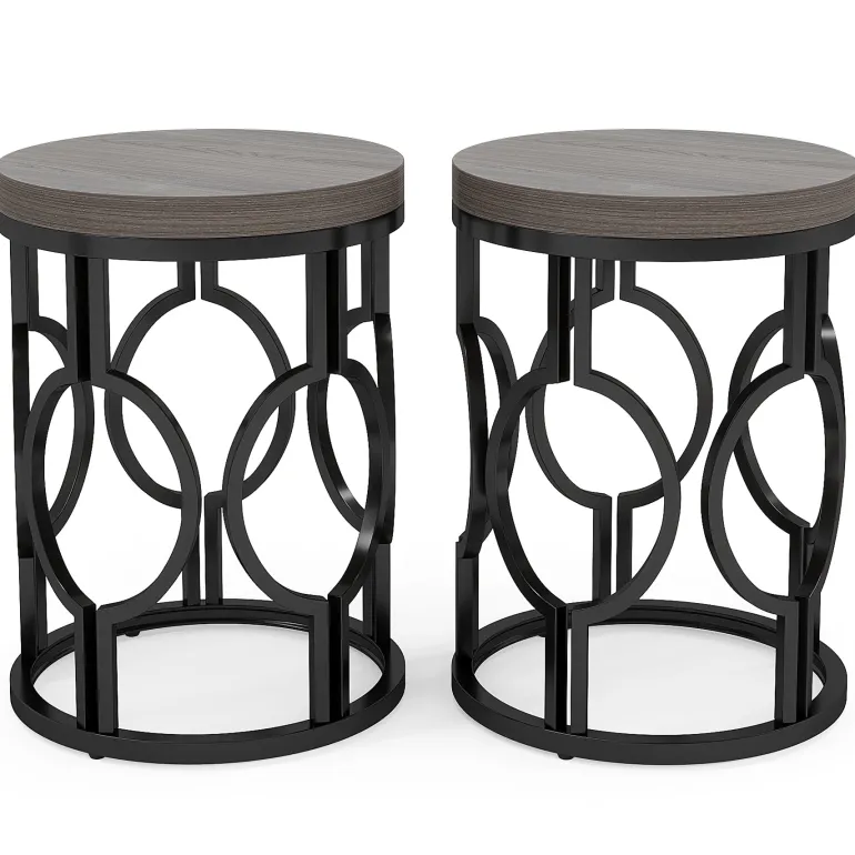 Outlet Tribesigns Round End Table, Industrial Side Table with Metal Hollow Frame