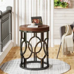 Outlet Tribesigns Round End Table, Industrial Side Table with Metal Hollow Frame