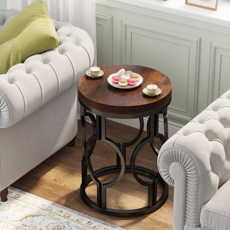 Outlet Tribesigns Round End Table, Industrial Side Table with Metal Hollow Frame