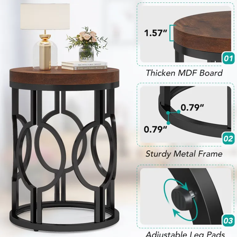 Outlet Tribesigns Round End Table, Industrial Side Table with Metal Hollow Frame