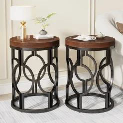 Outlet Tribesigns Round End Table, Industrial Side Table with Metal Hollow Frame