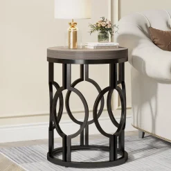 Outlet Tribesigns Round End Table, Industrial Side Table with Metal Hollow Frame