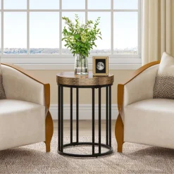 Fashion Tribesigns Round End Table, Small Accent Side Table with Metal Frame