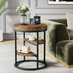 Cheap Tribesigns Round End Table, Small Side Table Nightstand with 3 - Tier Shelves