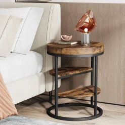 Cheap Tribesigns Round End Table, Small Side Table Nightstand with 3 - Tier Shelves