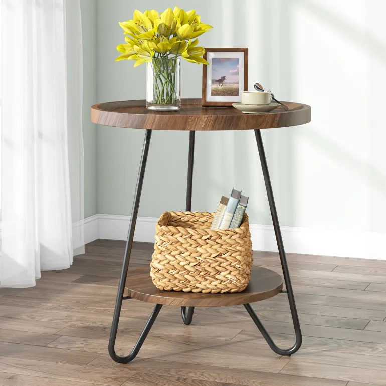Hot Tribesigns Round End Table, 2-Tier Side Table Accent Table with Metal Legs