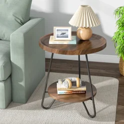 Hot Tribesigns Round End Table, 2-Tier Side Table Accent Table with Metal Legs