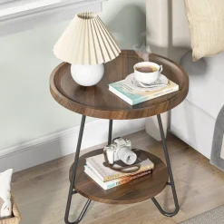 Hot Tribesigns Round End Table, 2-Tier Side Table Accent Table with Metal Legs
