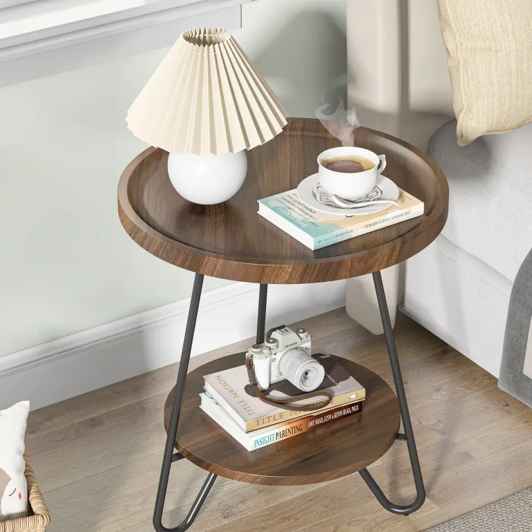 Hot Tribesigns Round End Table, 2-Tier Side Table Accent Table with Metal Legs