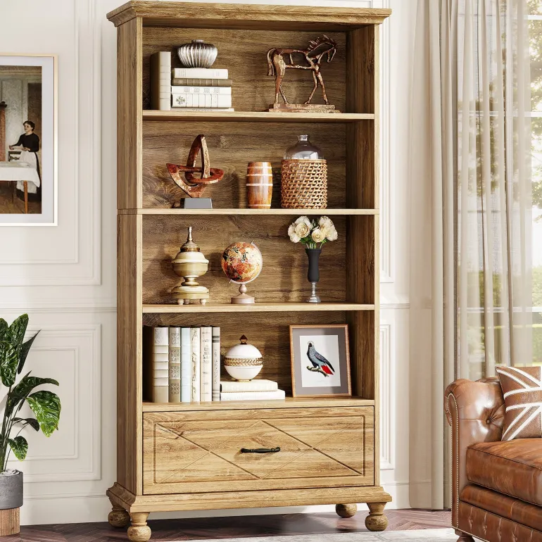 Clearance Tribesigns 6-Shelf Bookcase with Drawer, 71" Bookshelf with Solid Wood Legs