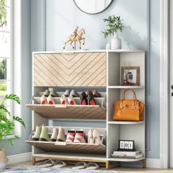 New Tribesigns Shoe Cabinet, Modern 24 Pair Shoe Rack Organizer with Doors & Shelves