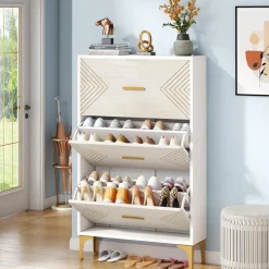 Cheap Tribesigns Shoe Cabinet, Slim Hidden Shoe Rack Organizer with 3 Flip Drawers
